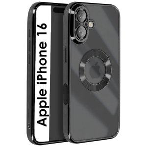 CUSTODIA per APPLE IPHONE 16 (6.1") TRASPARENTE IN TPU A 360° (COMPRESE FOTOCAMERE) CON DETTAGLI CROMATI NERI