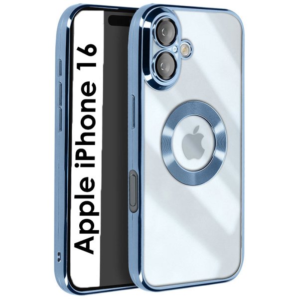 CUSTODIA per APPLE IPHONE 16 (6.1") TRASPARENTE IN TPU A 360° (COMPRESE FOTOCAMERE) CON DETTAGLI CROMATI BLU CUSTODIA per APPLE IPHONE 16 (6.1") TRASPARENTE IN TPU A 360° (COMPRESE FOTOCAMERE) CON DETTAGLI CROMATI BLU