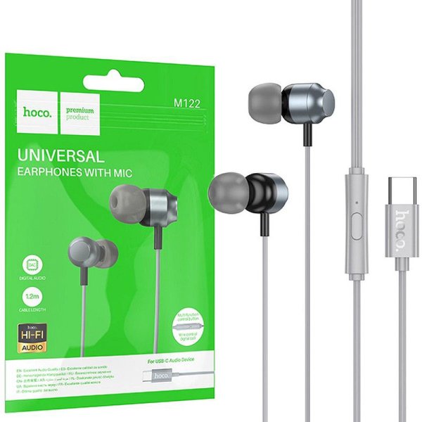 AURICOLARE STEREO con CONNETTORE TYPE-C - GOMMINI E MICROFONO - LUNGHEZZA CAVO 1.2 MT COLORE GRIGIO M122 HOCO IN BUSTINA AURICOLARE STEREO con CONNETTORE TYPE-C - GOMMINI E MICROFONO - LUNGHEZZA CAVO 1.2 MT COLORE GRIGIO M122 HOCO IN BUSTINA
