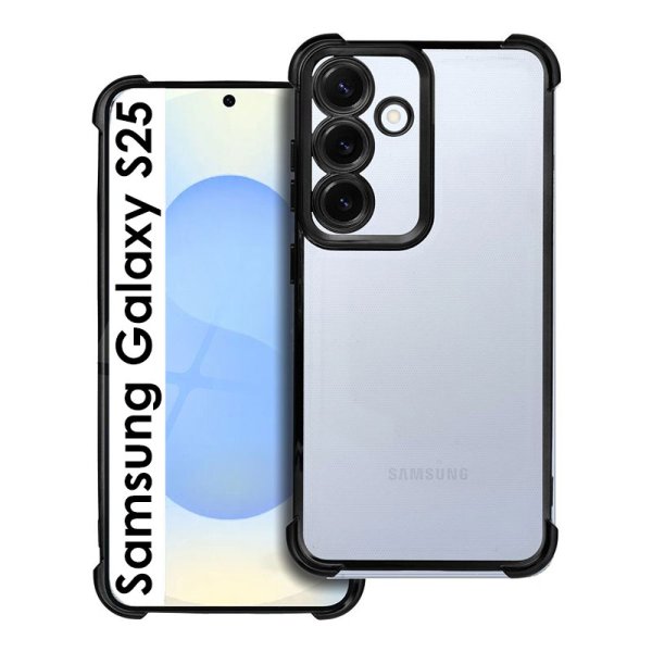 CUSTODIA per SAMSUNG GALAXY S25 (SM-S931) IN TPU SILICONE TRASPARENTE CON BORDI RINFORZATI E DETTAGLI NERI CROMATI