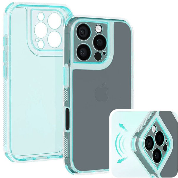 CUSTODIA per APPLE IPHONE 16 PRO (6.3") - PARTE POSTERIORE RIGIDA, CORNICE IN SILICONE E BORDI RINFORZATI VERDE ACQUA TRASLUCIDO CUSTODIA per APPLE IPHONE 16 PRO (6.3") - PARTE POSTERIORE RIGIDA, CORNICE IN SILICONE E BORDI RINFORZATI VERDE ACQUA TRASLUCIDO