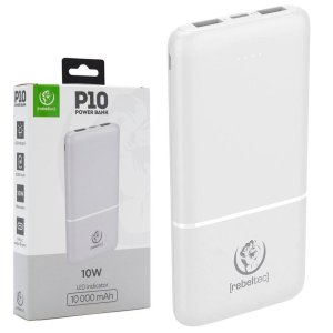POWER BANK 10.000mAh 10W CON 2 PORTE USB (out), 1 USB-C (in/out) E INDICATORE LED CARICA RESIDUA BIANCO P10 REBELTEC