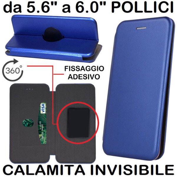 CUSTODIA FLIP ORIZZONTALE UNIVERSALE CON FISSAGGIO ADESIVO, CHIUSURA MAGNETICA INVISIBILE E ROTAZIONE 360° - 159x78mm BLU CUSTODIA FLIP ORIZZONTALE UNIVERSALE CON FISSAGGIO ADESIVO, CHIUSURA MAGNETICA INVISIBILE E ROTAZIONE 360° - 159x78mm BLU