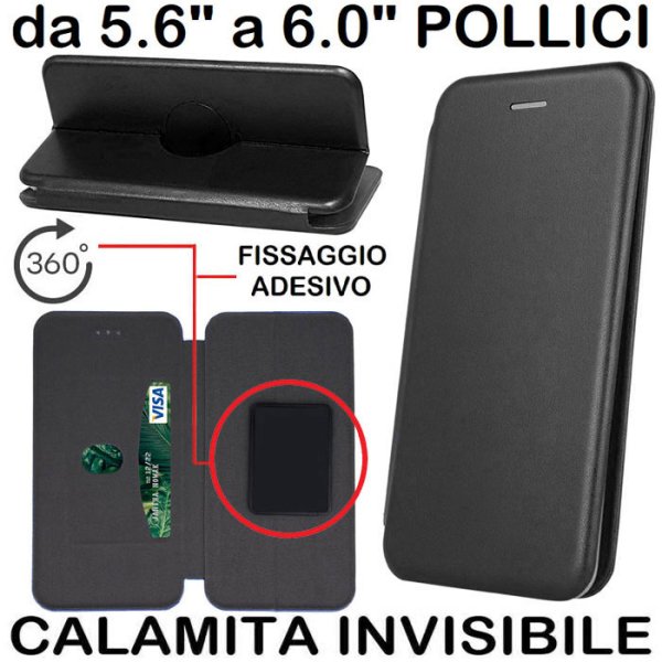 CUSTODIA FLIP ORIZZONTALE UNIVERSALE CON FISSAGGIO ADESIVO, CHIUSURA MAGNETICA INVISIBILE E ROTAZIONE 360° - 159x78mm NERO CUSTODIA FLIP ORIZZONTALE UNIVERSALE CON FISSAGGIO ADESIVO, CHIUSURA MAGNETICA INVISIBILE E ROTAZIONE 360° - 159x78mm NERO