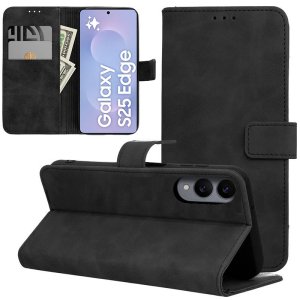 CUSTODIA per SAMSUNG GALAXY S25 EDGE (SM-S937) FLIP ORIZZONTALE IN ECOPELLE COLORE NERO CON INTERNO IN TPU E CHIUSURA MAGNETICA