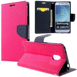 CUSTODIA per SAMSUNG SM-J530 GALAXY J5 (2017) - FLIP ORIZZONTALE CON STAND, INTERNO IN TPU SILICONE E PORTA CARTE COLORE FUCSIA