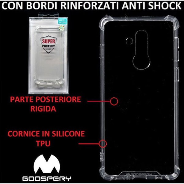 CUSTODIA per HUAWEI MATE 20 LITE - PARTE POSTERIORE RIGIDA, CORNICE IN SILICONE TRASPARENTE E BORDI RINFORZATI ANTI SHOCK CUSTODIA per HUAWEI MATE 20 LITE - PARTE POSTERIORE RIGIDA, CORNICE IN SILICONE TRASPARENTE E BORDI RINFORZATI ANTI SHOCK