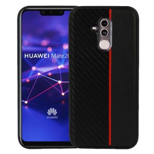 CUSTODIA per HUAWEI MATE 20 LITE IN GEL TPU SILICONE COLORE NERO EFFETTO CARBONIO CON INSERTO ROSSO