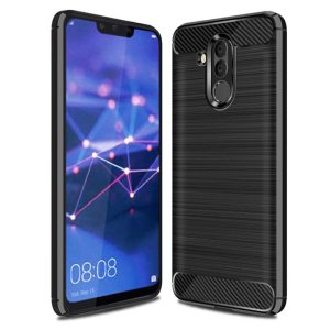 CUSTODIA per HUAWEI MATE 20 LITE IN GEL TPU SILICONE EFFETTO METALLICO CON INSERTI IN FANTASIA CARBONIO COLORE NERO