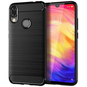 CUSTODIA per XIAOMI REDMI 7, REDMI Y3 IN GEL TPU SILICONE EFFETTO METALLICO CON INSERTI IN FANTASIA CARBONIO COLORE NERO
