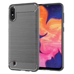 CUSTODIA per SAMSUNG GALAXY A10 (SM-A105) IN GEL TPU SILICONE EFFETTO METALLICO CON INSERTI IN FANTASIA CARBONIO GRIGIO