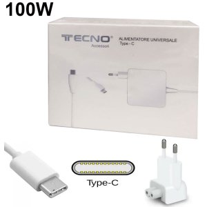 CARICATORE DA RETE UNIVERSALE 100W CON CONNETTORE TYPE-C per NOTEBOOK, MACBOOK, TABLET E PC - COLORE BIANCO TC-7066 TECNO