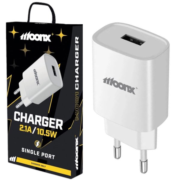 CARICATORE DA RETE 2100mAh 10.5W CON 1 PORTA USB COLORE BIANCO MC01 MOONX CARICATORE DA RETE 2100mAh 10.5W CON 1 PORTA USB COLORE BIANCO MC01 MOONX