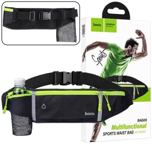 CUSTODIA A MARSUPIO CON TASCA PORTA OGGETTI, CINTA REGOLABILE E PORTA BOTTIGLIA IN RETE NERO E VERDE BAG05 HOCO