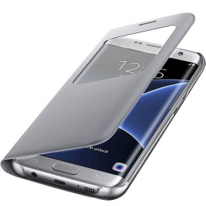CUSTODIA S VIEW COVER PELLE ORIGINALE SAMSUNG COLORE SILVER per SM-G935 GALAXY S7 EDGE CON FINESTRA ID BULK (NO BLISTER)