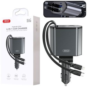 CARICATORE AUTO 104W 4in1 CON CAVI RETRATTILI USB-C (65W) E LIGHTING (12W) + 1 PORTA USB-A (12W) 1 PORTA USB-C (15W) XO-CC62