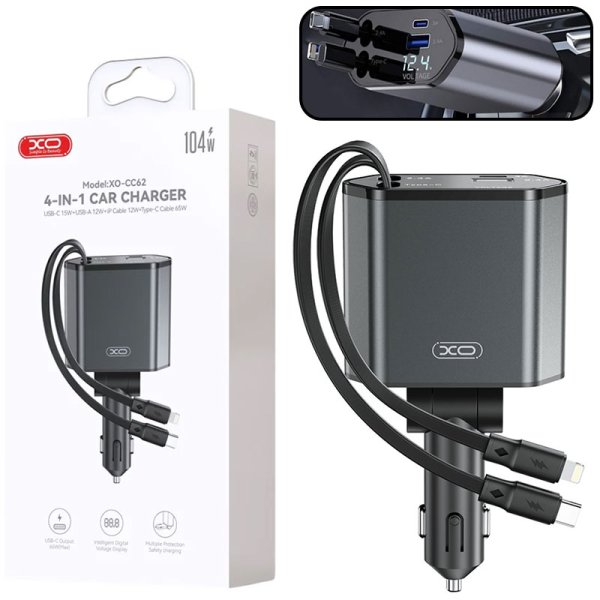 CARICATORE AUTO 104W 4in1 CON CAVI RETRATTILI USB-C (65W) E LIGHTING (12W) + 1 PORTA USB-A (12W) 1 PORTA USB-C (15W) XO-CC62 CARICATORE AUTO 104W 4in1 CON CAVI RETRATTILI USB-C (65W) E LIGHTING (12W) + 1 PORTA USB-A (12W) 1 PORTA USB-C (15W) XO-CC62