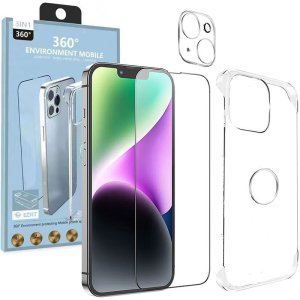 KIT 3IN1 per APPLE IPHONE 13,14 CON COVER BACK RIGIDA TRASPARENTE (SENZA BORDI), VETRO FULL SCREEN E VETRO FOTOCAMERA