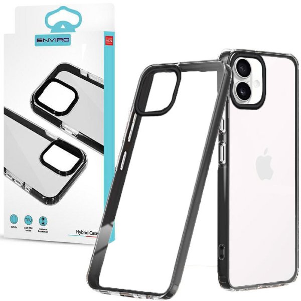 CUSTODIA per APPLE IPHONE 16 (6.1") IN TPU SILICONE TRASPARENTE CON CORNICE IN PC COLORE NERO HYBRID ENVIRO