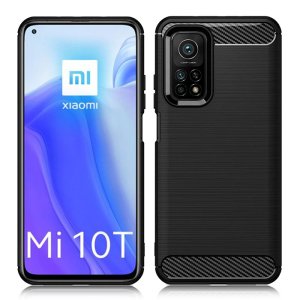 CUSTODIA per XIAOMI MI 10T 5G, MI 10T PRO 5G IN GEL TPU SILICONE EFFETTO METALLICO CON INSERTI IN FANTASIA CARBONIO COLORE NERO