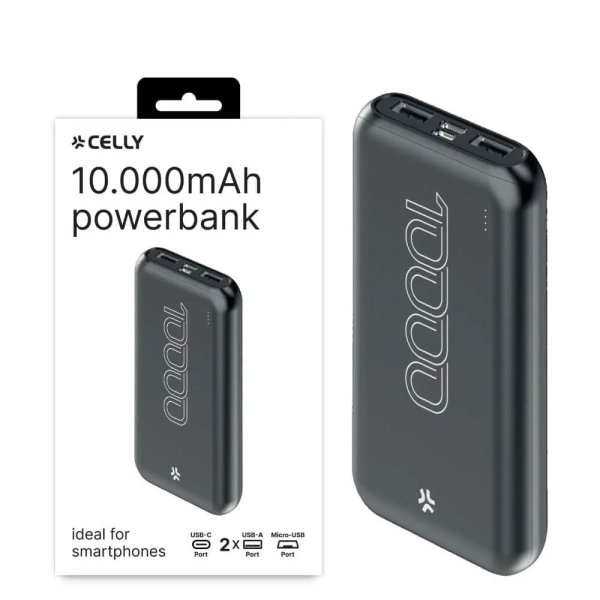 POWER BANK 10.000mAh 10W CON 2 PORTE USB (out), 1 USB-C (in/out) E INDICATORE LED CARICA RESIDUA NERO P10 CELLY