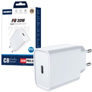CARICATORE DA RETE 20W 3A CON 1 PORTA TYPE-C FAST CHARGE PD 3.0 COLORE BIANCO C8 JELLICO BLISTER