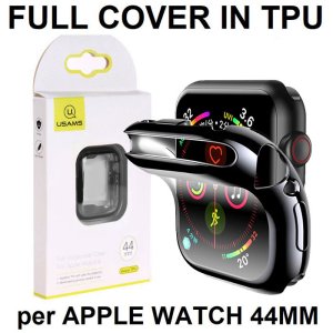 CUSTODIA per APPLE WATCH 44MM (4/5/6/SE) COPERTURA TOTALE IN GEL TPU SILICONE TRASPARENTE CON CORNICE NERA