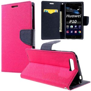 CUSTODIA per HUAWEI P10 - FLIP ORIZZONTALE CON INTERNO IN TPU SILICONE, STAND, PORTA CARTE E CHIUSURA MAGNETICA COLORE FUCSIA