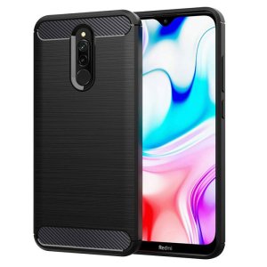 CUSTODIA per XIAOMI REDMI 8, REDMI 8A PRO - IN GEL TPU SILICONE EFFETTO METALLICO CON INSERTI IN FANTASIA CARBONIO COLORE NERO