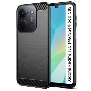 CUSTODIA per XIAOMI REDMI 15C (4G/5G), POCO C85 IN GEL TPU SILICONE NERO EFFETTO METALLICO CON INSERTI IN FANTASIA CARBONIO
