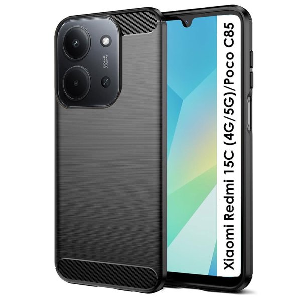 CUSTODIA per XIAOMI REDMI 15C (4G/5G), POCO C85 IN GEL TPU SILICONE NERO EFFETTO METALLICO CON INSERTI IN FANTASIA CARBONIO CUSTODIA per XIAOMI REDMI 15C (4G/5G), POCO C85 IN GEL TPU SILICONE NERO EFFETTO METALLICO CON INSERTI IN FANTASIA CARBONIO