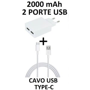 CARICATORE DA RETE 2000mAh CON 2 PORTE USB + CAVO TYPE-C - LUNGHEZZA 1 MT COLORE BIANCO BLISTER (TC00.TYPE-C.02.2A.BI)