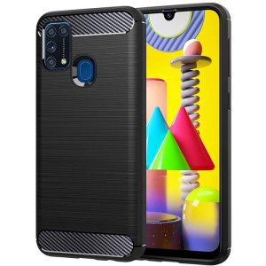 CUSTODIA per SAMSUNG GALAXY M31 (SM-M315F) IN GEL TPU EFFETTO METALLICO CON INSERTI IN FANTASIA CARBONIO COLORE NERO