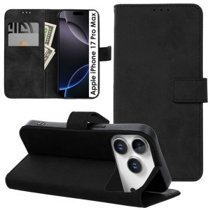 CUSTODIA per APPLE IPHONE 17 PRO MAX (6.9") FLIP ORIZZONTALE IN ECOPELLE INTERNO IN TPU, PORTA CARTE E CHIUSURA MAGNETICA NERO