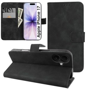 CUSTODIA per APPLE IPHONE 17 (6.3") FLIP ORIZZONTALE IN ECOPELLE CON INTERNO IN TPU, PORTA CARTE E CHIUSURA MAGNETICA NERO