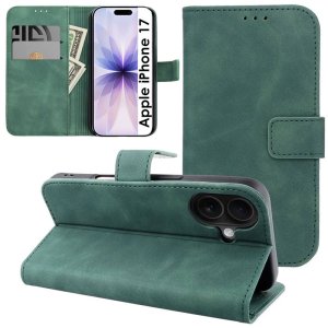 CUSTODIA per APPLE IPHONE 17 (6.3") FLIP ORIZZONTALE IN ECOPELLE CON INTERNO IN TPU, PORTA CARTE E CHIUSURA MAGNETICA VERDE
