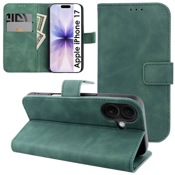 CUSTODIA per APPLE IPHONE 17 (6.3") FLIP ORIZZONTALE IN ECOPELLE CON INTERNO IN TPU, PORTA CARTE E CHIUSURA MAGNETICA VERDE
