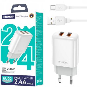 CARICATORE DA RETE 2400mAh 12W FAST CHARGING CON 2 PORTE USB + CAVO TYPE-C LUNGHEZZA 1 MT COLORE BIANCO JELLICO BLISTER