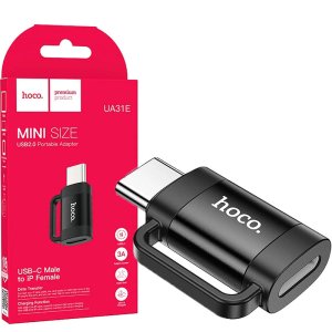 ADATTATORE DA TYPE-C (M) A LIGHTNING (F) USB 2.0 (OUTPUT 3A) CON ASOLA DI AGGANCIO IN LEGA DI ALLUMINIO COLORE NERO UA31E HOCO