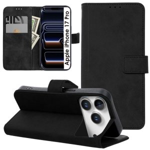 CUSTODIA per APPLE IPHONE 17 PRO (6.3") FLIP ORIZZONTALE IN ECOPELLE INTERNO IN TPU, PORTA CARTE E CHIUSURA MAGNETICA NERO