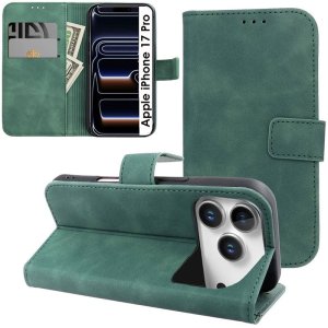 CUSTODIA per APPLE IPHONE 17 PRO (6.3") FLIP ORIZZONTALE IN ECOPELLE INTERNO IN TPU, PORTA CARTE E CHIUSURA MAGNETICA VERDE