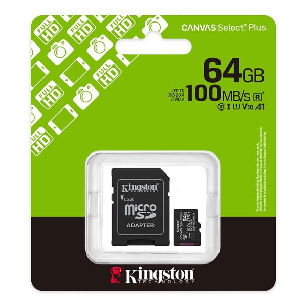 MEMORY CARD MICRO SDXC U1 A1 64GB + ADATTATORE CLASSE 10 VELOCITA' IN LETTURA FINO A 100MB/s FULL HD SDCS3/64GB KINGSTON