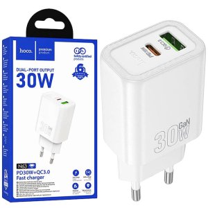 CARICATORE DA RETE GAN 30W CON 1 PORTA TYPE-C QUICK CHARGE 3.0 + 1 PORTA USB COLORE BIANCO N63 HOCO