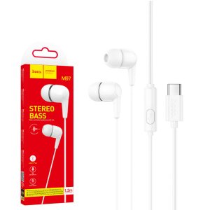AURICOLARE STEREO con CONNETTORE TYPE-C, GOMMINI E MICROFONO - LUNGHEZZA CAVO 1.2 MT COLORE BIANCO M97 HOCO BLISTER