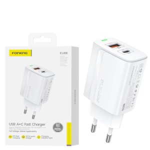 CARICATORE DA RETE 20W CON 1 PORTA TYPE-C + 1 PORTA USB QUICK CHARGE COLORE BIANCO EU66 FONENG BLISTER