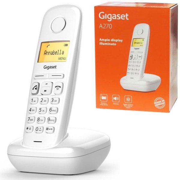 CORDLESS CON VIVAVOCE, DISPLAY ILLUMINATO, BATTERIA A LUNGA DURATA E RUBRICA FINO A 80 NOMI E NUMERI - BIANCO A270 GIGASET