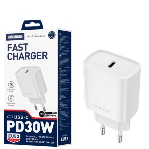 CARICATORE DA RETE 30W CON 1 PORTA TYPE-C FAST CHARGING E SMART IC COLORE BIANCO EU53 JELLICO