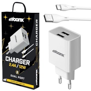 CARICATORE DA RETE 2400mAh 12W CON 2 PORTE USB + CAVO TYPE-C LUNGHEZZA 1 MT COLORE BIANCO MC02 MOONX