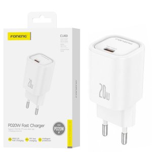 CARICATORE DA RETE 20W CON 1 PORTA TYPE-C FAST CHARGING COLORE BIANCO EU69 FONENG BLISTER