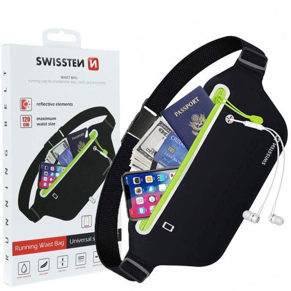 CUSTODIA A MARSUPIO IN NEOPRENE CON TASCA PORTA OGGETTI E CINTA REGOLABILE NERO E VERDE 32903400 SWISSTEN